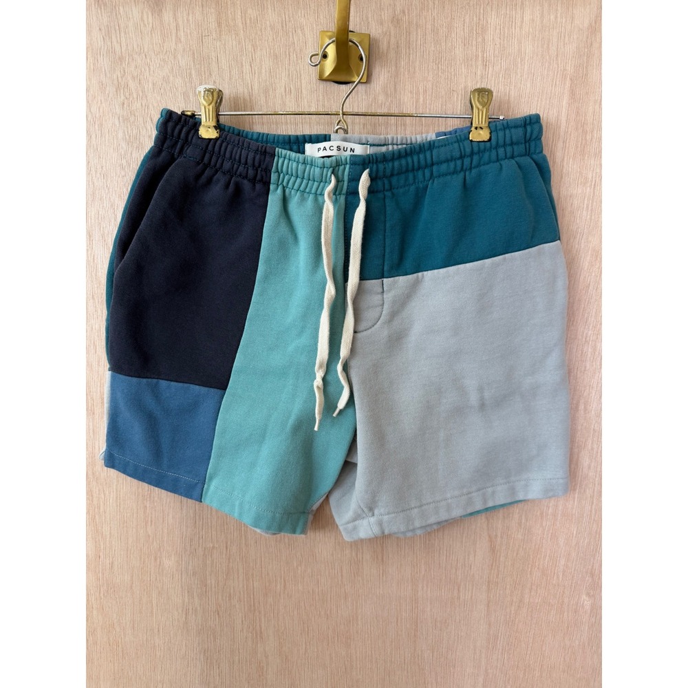 Pacsun Volley Mens Medium Colorblock Patchwork Fleece Sweat Shorts Blue Teal